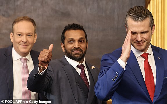 (L-R) Former Rep. Lee Zeldin (R-NY), President Trump's nominee for Administrator of the Environmental Protection Agency, Kash Patel, President Trump's nominee for FBI Director and Pete Hegseth, President Trump's nominee for Secretary of Defense depart inauguration ceremonies in the Rotunda of the US Capitol on January 20, 2025 in Washington, DC. (Photo by Chip Somodevilla / POOL / AFP) (Photo by CHIP SOMODEVILLA/POOL/AFP via Getty Images)