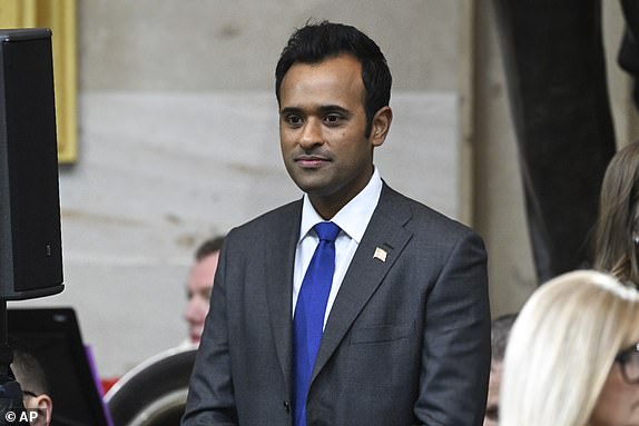 Vivek Ramaswamy arrives before the 60th Presidential Inauguration in the Rotunda of the U.S. Capitol in Washington, Monday, Jan. 20, 2025.(Saul Loeb/Pool photo via AP)