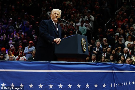 WASHINGTON, DC - JANUARY 20: U.S. President Donald Trump speaks during an indoor inauguration parade at Capital One Arena on January 20, 2025 in Washington, DC. Donald Trump takes office for his second term as the 47th president of the United States. (Photo by Anna Moneymaker/Getty Images)