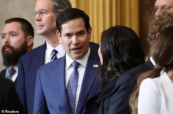 Senator Marco Rubio (R-FL), U.S. President-elect Donald Trump's nominee to be Secretary of State, arrives ahead of the Presidential Inauguration of Donald Trump at the Rotunda of the U.S. Capitol in Washington, U.S., January 20, 2025. REUTERS/Kevin Lamarque/Pool