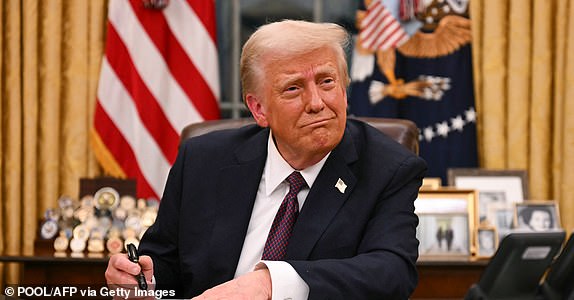 US President Donald Trump signs executive orders in the Oval Office of the White House in Washington, DC, on January 20, 2025. (Photo by Jim WATSON / POOL / AFP) (Photo by JIM WATSON/POOL/AFP via Getty Images)