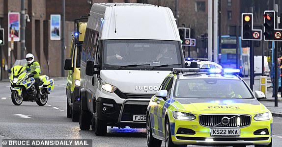 Rudakubana sentencing - Southport triple killer Axel Rudakubana arrives in a prison van under police convoy at Liverpool crown court to be sentenced. - Pic Bruce Adams / Copy Marsden - 23/1/25