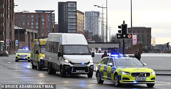 Rudakubana sentencing - Southport triple killer Axel Rudakubana arrives in a prison van under police convoy at Liverpool crown court to be sentenced. - Pic Bruce Adams / Copy Marsden - 23/1/25