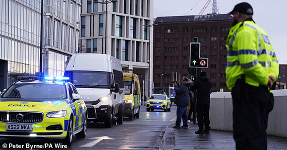 A prison van believed to contain Axel Rudakubana arriving at Liverpool Crown Court for his sentencing after he admitted the murders of three girls at a dance class in Southport. The 18-year-old pleaded guilty to all 16 offences he faced on the first day of his trial at Liverpool Crown Court on Monday. Alice da Silva Aguiar, nine, Bebe King, six, and Elsie Dot Stancombe, seven, died following the attack at the Taylor Swift-themed class in The Hart Space on a small business park in the seaside town shortly before midday on July 29. Picture date: Thursday January 23, 2025. PA Photo. See PA story COURTS Southport . Photo credit should read: Peter Byrne/PA Wire