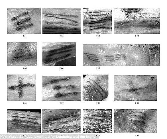 Experts discovered a total of 61 tattoos on Ötzi's body using different wavelengths of light to pick them out on the mummy's darkened skin and in December 2015 they were confirmed to be the world's oldest