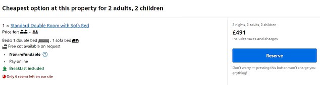A stay at the three star Holiday Inn Express in London would cost a family £491 for a two-night weekend stay in a single room with a double bed and sofa bed