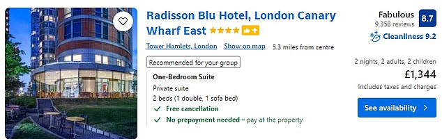 A family of four can stay at the four star Radisson Blue Hotel in Tower Hamlets for a weekend for £1,344