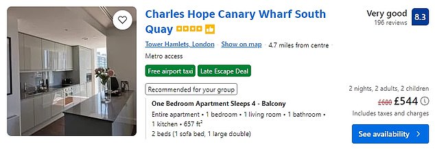 A cheaper alternative is a one-bedroom apartment in Tower Hamlets for £544, which offers one double bed and one sofa bed