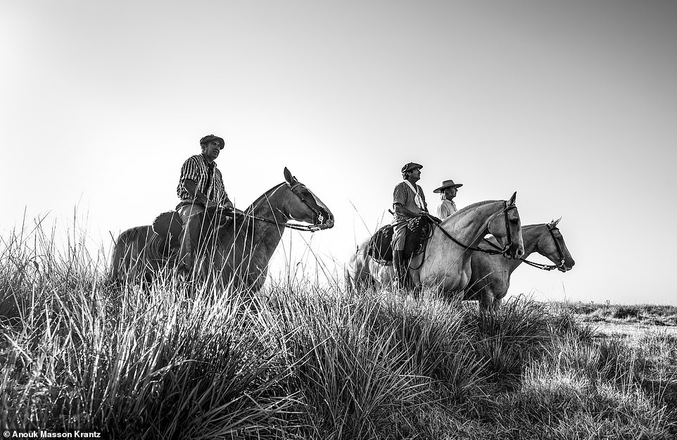 While on her travels around South America, Anouk saw gauchos riding barefoot through 'the endless emerald green, tall grasses of the Pampas of Argentina', above. In keeping with tradition, these gauchos carry a large knife on their belt and drink a bitter, caffeine-rich tea called mate, instead of coffee