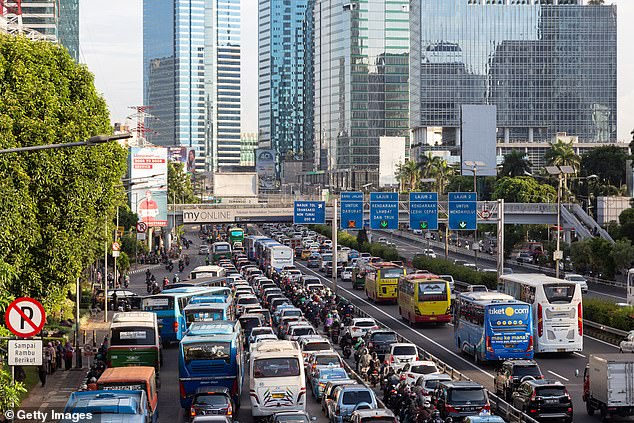 Heavy traffic jam in Jakarta downtown and financial district in Indonesia