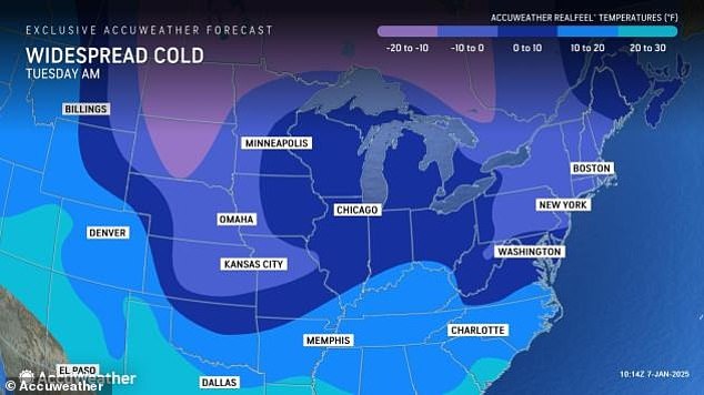 The eastern half of the US has also been told to brace for bitterly cold temperatures that will linger over the course of next week, as waves of Arctic air surge as far south as the Gulf Coast