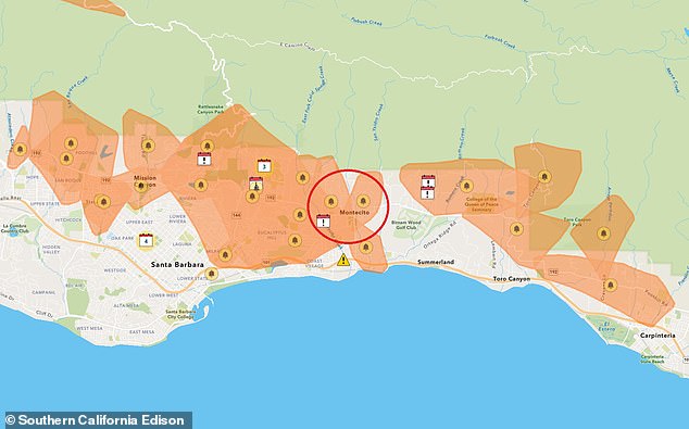 Southern California Edison is considering a so-called Public Safety Power Shutoff (PSPS) in the areas of Santa Barbara County highlighted in orange, including Montecito (circled in red)