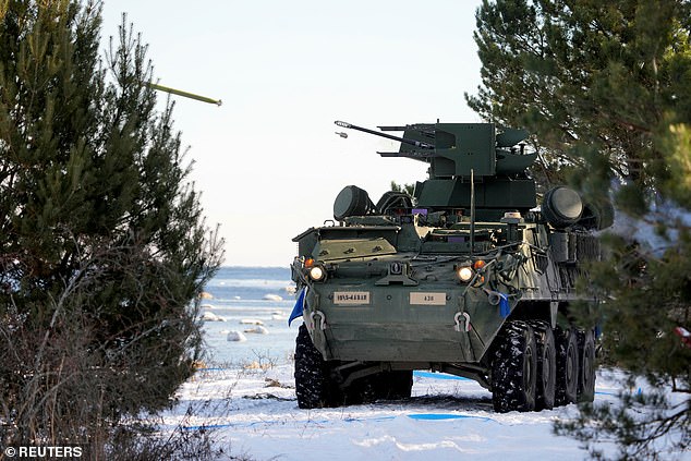 A Stryker armored fighting vehicle similar to the one used by Ukraine in Kursk. Footage shows  Ukrainian troops mowing down Russian soldiers while driving the US-supplied vehicle