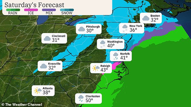 Heading into the weekend, the storm will move into the mid-Atlantic and Northeast, with areas of snow lingering near the Eastern Seaboard and in the Appalachians early Saturday