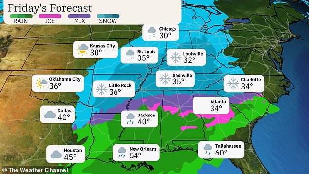 Wintery precipitation should taper off in Texas and Oklahoma by midday Friday, but snow will spread further east into Kentucky, Tennessee, northern Mississippi, Alabama, Georgia, North Carolina and upstate South Carolina