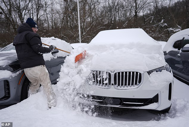 Cora comes as the combined impact of the Arctic blast and Winter Storm Blair, which wreaked havoc on the Ohio Valley and mid-Atlantic this week (pictured)