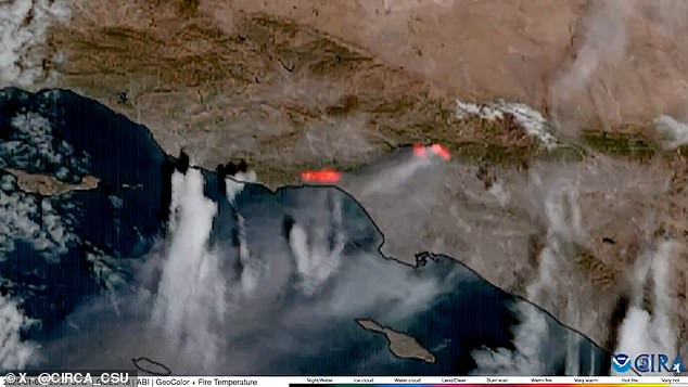 January 8, 12:21 local time: These satellite images show the glow of the Eaton fires beginning to spread throughout the following day