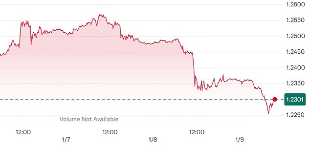 The pound dropped nearly 1 per cent to just under 1.23 US dollars ¿ its lowest level since November 2023