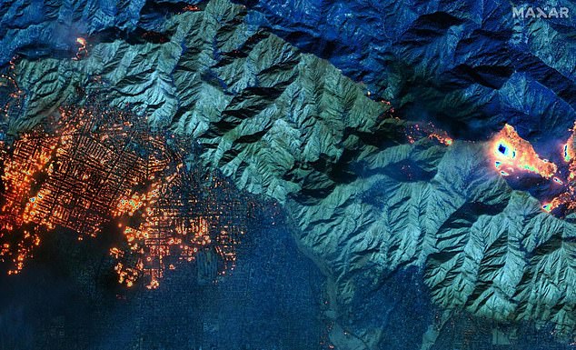 January 8, 10:45 local time: After beginning in the Pacific Palisades neighbourhood, fires soon started in inland (pictured) where more than 10,000 hectares were soon scorched by the blaze. In this image, you can see the intense infrared radiation produced by the new fires burning (top  right)