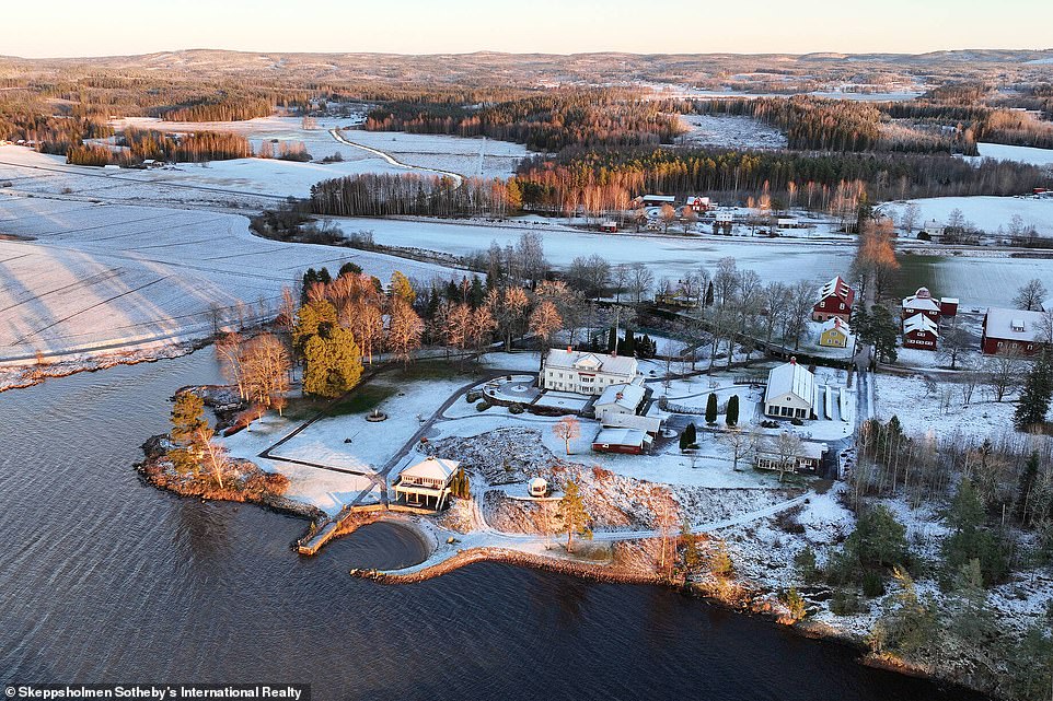 An aerial shot shows the few other properties near the two-acre estate, which is located near the town of Sunne