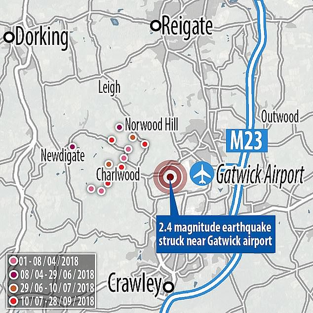 The earthquakes occurred in Newdigate and the surrounding areas and reached magnitude 1.34 to 3.18