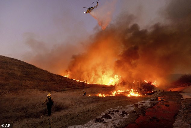 Fire crews battle the Kenneth Fire in the West Hills section of Los Angeles. Police believe this fire was caused by an arsonist