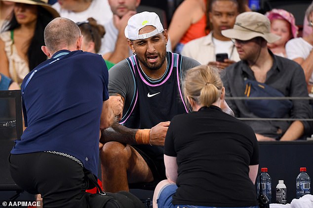 His return to tennis in Brisbane saw Kyrgios require a medical check on his surgically repaired wrist - but a new injury had fans sweating on whether he'd play in the Australian Open