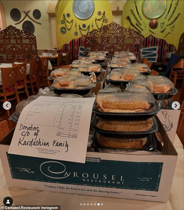 On Thursday, the Instagram page for Carousel Restaurant ¿ an Armenian-Lebanese eatery ¿ shared photos of meals they delivered to firefighters, funded by the Kardashian family