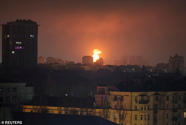 An explosion of a drone after it hit an apartment building is seen in the sky during a Russian drone strike, amid Russia's attack on Ukraine, in Kyiv, Ukraine January 10, 2025