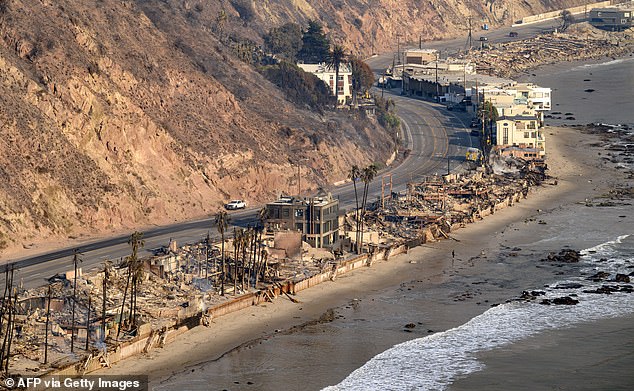 In this aerial view taken from a helicopter, burned homes are seen during the Palisades fire in the Malibu area of Los Angeles county, California