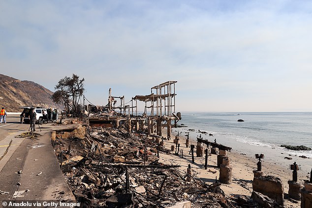 A view of burnt structures at Topanga Beach during Palisades wildfire in Topanga, Los Angeles