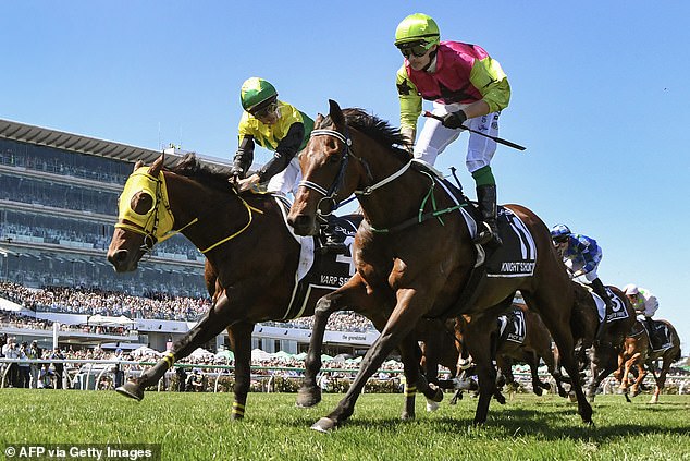 It is alleged the payment was deposited to a bank account which the trainers no longer have access to (pictured right, Knight's Choice after winning the Melbourne Cup)