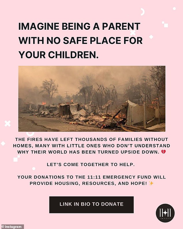 She wrote: 'My heart is with everyone impacted by the devastating fires here in LA. While I¿ve lost my Malibu home, my thoughts are with the countless families who have lost so much more'