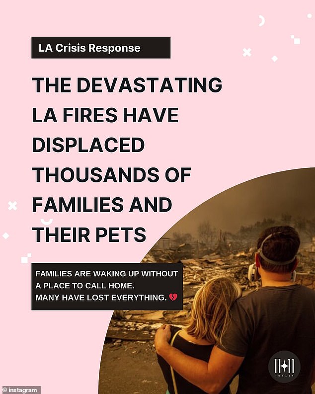 The socialite took to her Instagram page to announce she had founded an emergency fund to support families and their pets who have been displaced because of the blazes