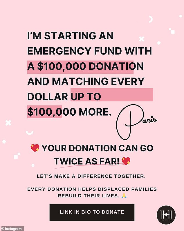 The star revealed that aside her major donation she would match 'additional dollars raised up to $100,000 more' and volunteer in person this weekend