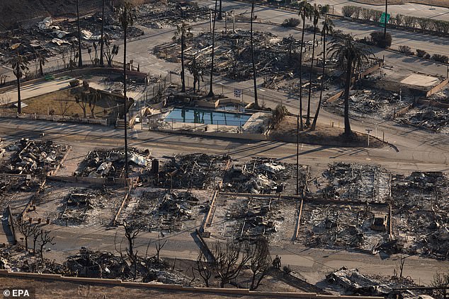 A view of the remains of homes destroyed by the Palisades wildfire in the Pacific Palisades neighborhood of Los Angeles, California