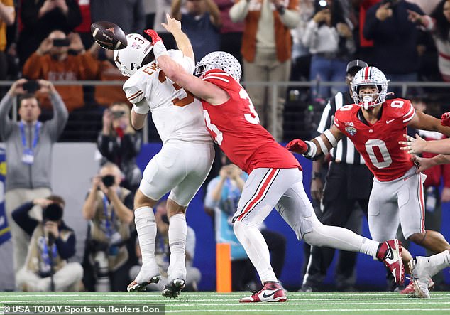 Quinn Ewers is sacked by his former roommate, Jack Sawyer, who recovered the fumble