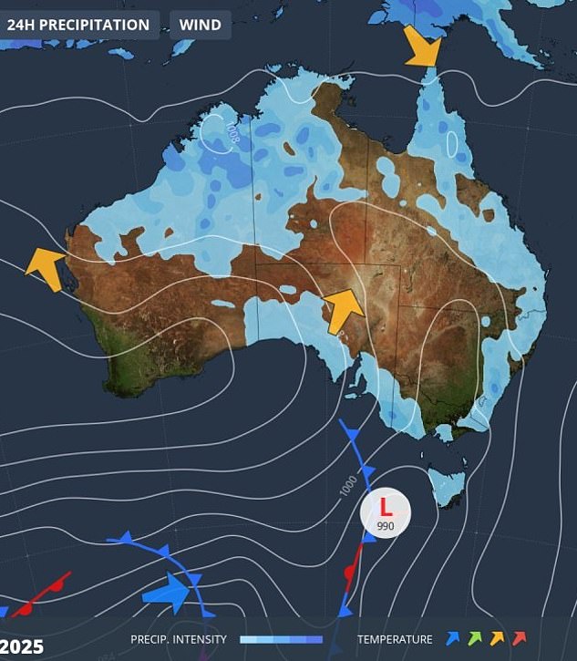 Forecast rain for Australia on Wednesday