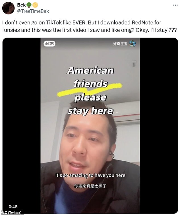 An X user posted this RedNote video of a Chinese user addressing Americans, who said 'it's so amazing to have you here', adding 'it feels so special'