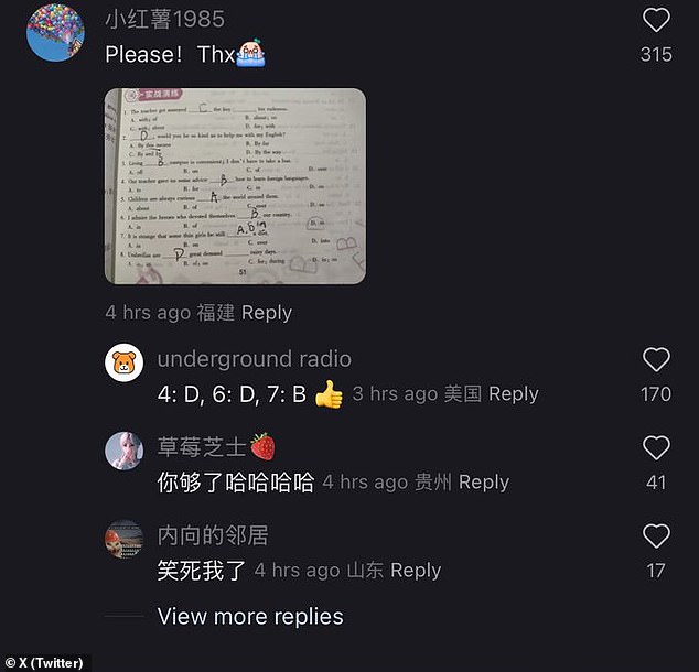 Americans are 'helping the Chinese with their English homework', according to one X (Twitter) user who posted a screenshot