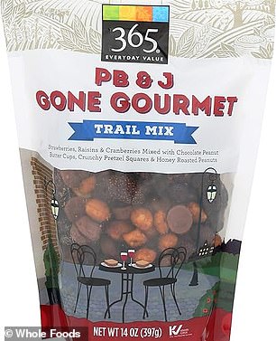 A bag of peanut butter and jelly trail mix from Whole Foods contains 42g of sugar per 100g