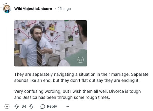 'Very confusing wording, but I wish them all well. Divorce is tough and Jessica has been through some rough times'