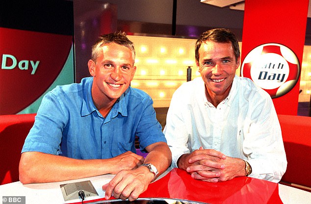 The veteran broadcaster has appeared on Match of the Day for over two decades (pictured with Alan Hansen in 2002)