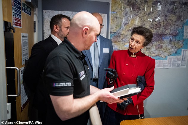 The royal was presented with wings worn by test pilot Peter Wilson on the first ever landing of an F-35 plane on HMS Queen Elizabeth during her visit (pictured)