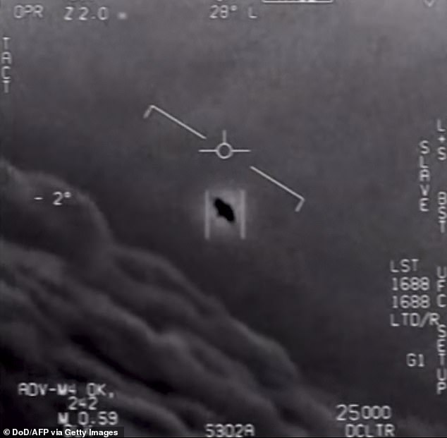 Many military personnel claimed to have witnessed UFOs. This image, obtained April 28, 2020, was taken by Navy pilots in 2017.  Navy Cmdr David Fravor, who saw it, testified under oath in a hearing where he discussed the experience