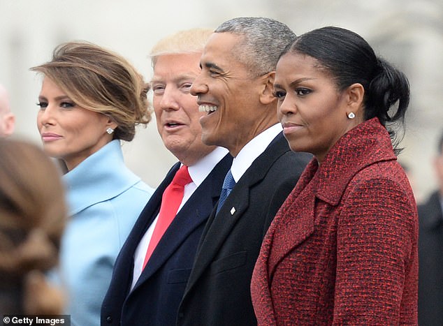 Michelle said she found it difficult to sit through Trump’s first inauguration in 2017 (pictured) later breaking down in tears