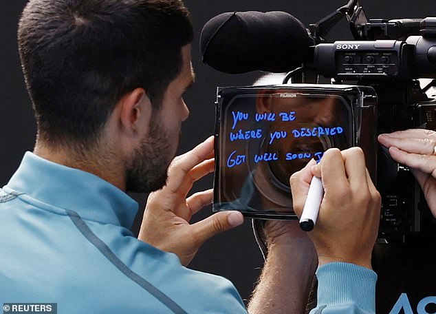 Alcaraz, 21, showed his class by writing a message to Draper on the TV camera screen after he progressed to the quarter-finals. He wrote: 'You will be where you deserved get well soon Jack!'