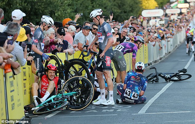 Sam Welsford, the Australian cyclist who won the race, said the crash (pictured) was chaotic