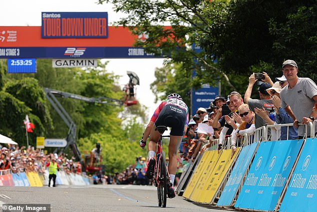 Sunday's stage winner in the Women's Tour Down Under 2025 Chloe Dygert nears the finish