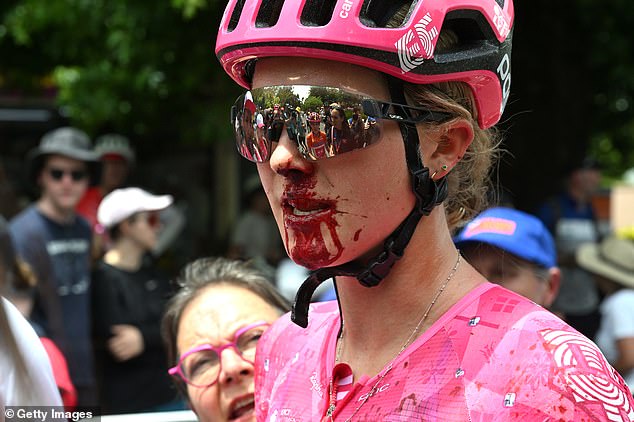 Kim Cadzow of New Zealand and Team EF Education-Oatly injured after being involved in a crash during the 9th Santos Women's 2025 Tour Down Under 105km stage three event